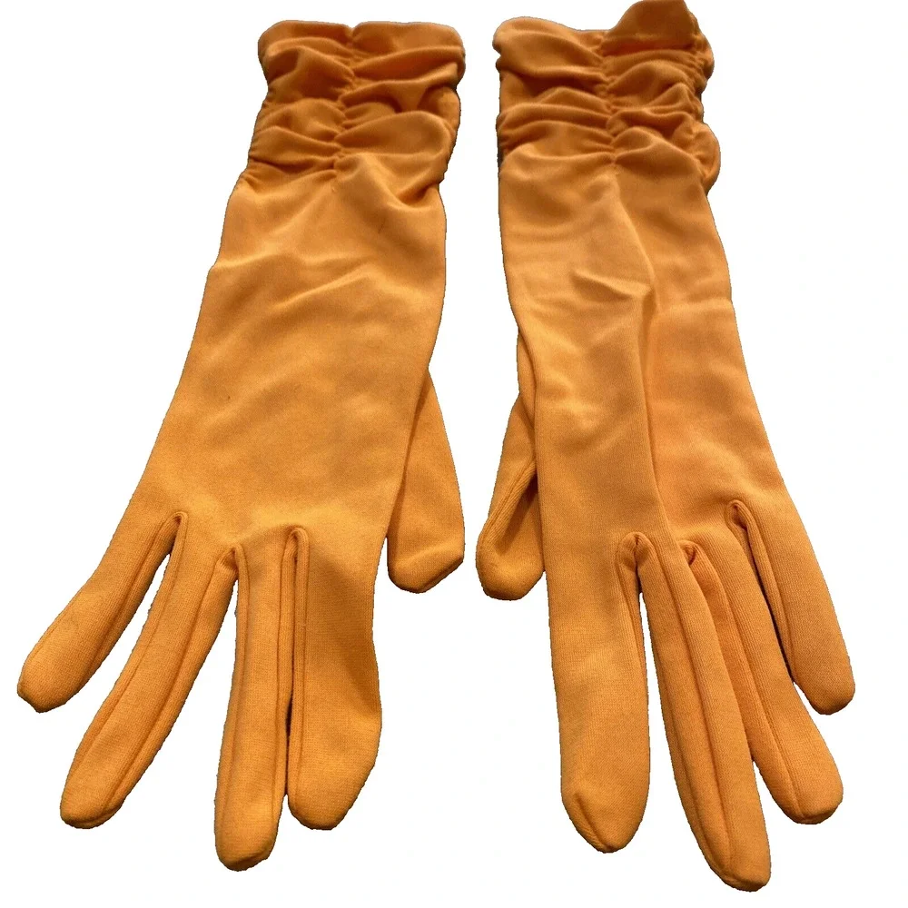 Vintage Dressy Orange Stretch Textile Gloves Ruched Elastic Wrist One Size 1960s